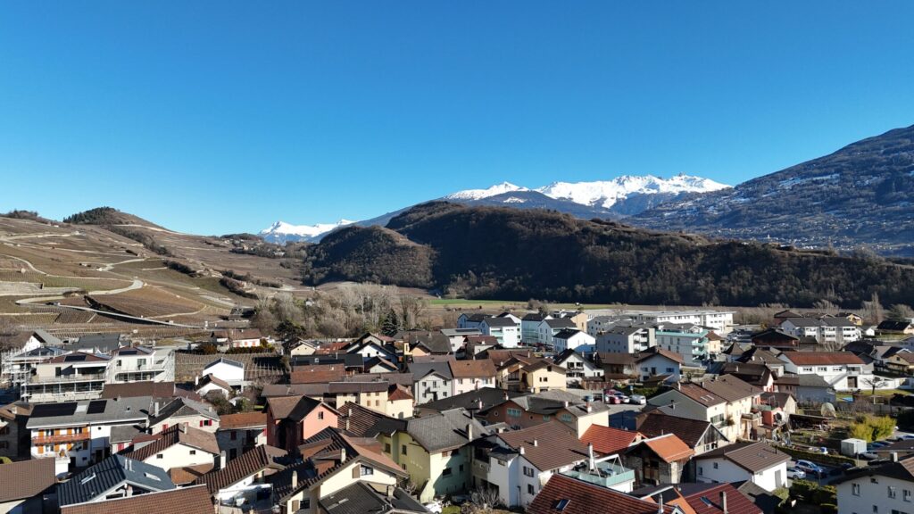 Blick über eine alpine Ortschaft mit Bergpanorama